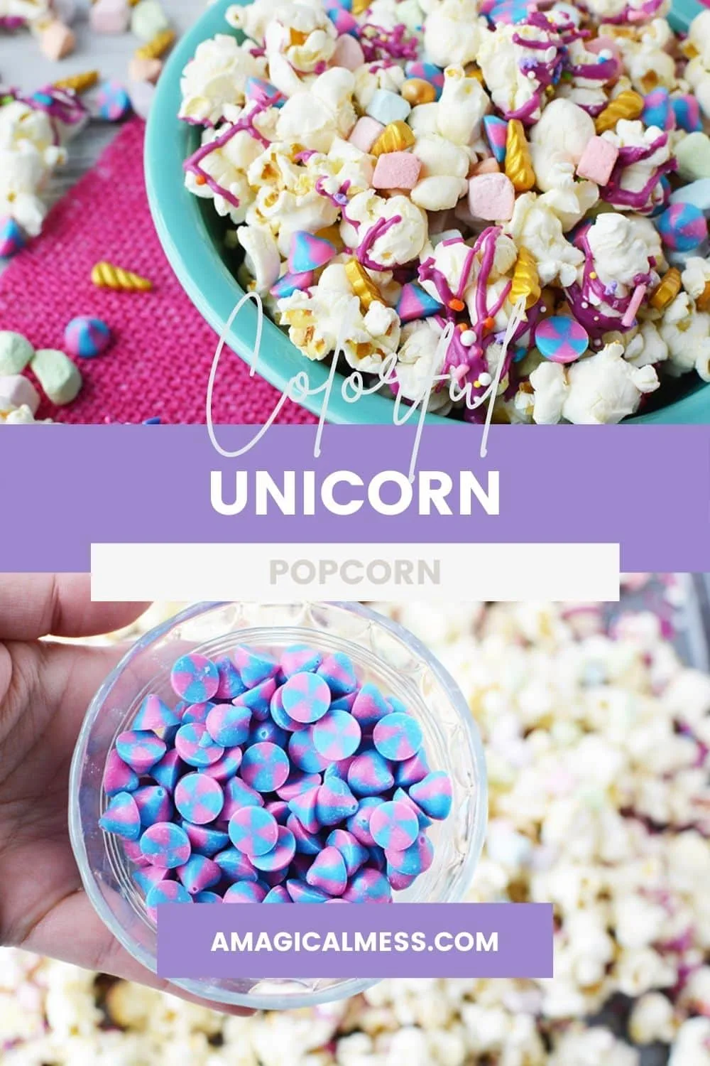 Bowl of unicorn popcorn and a cup of unicorn chips.