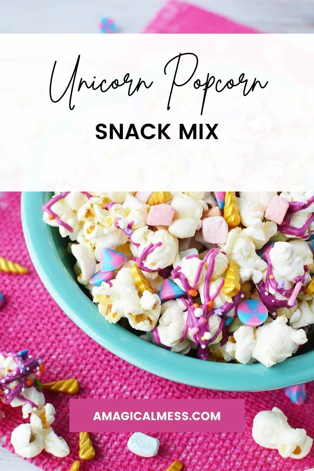 Bowl full of unicorn popcorn with colorful candy and gold horns.