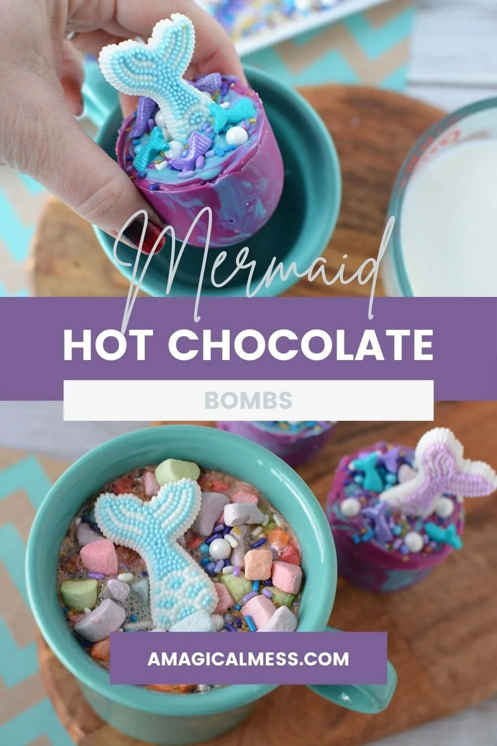 Mermaid hot chocolate. Dropping melt into a mug and finished product.