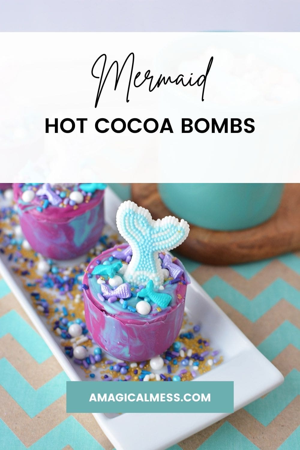 Purple and blue hot chocolate melts with mermaid fins.