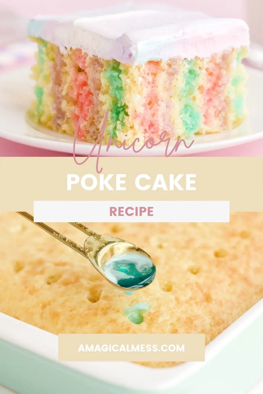 Plate with unicorn poke cake on it and holding jello over cake with holes in it.