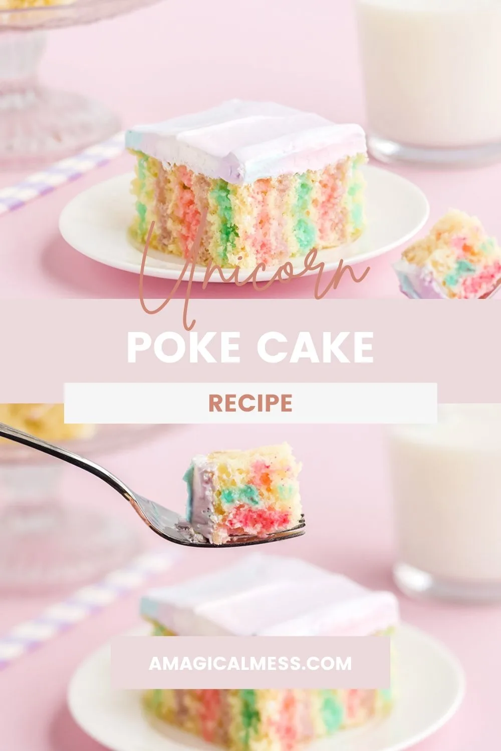 Rainbow striped cake on a plate. 