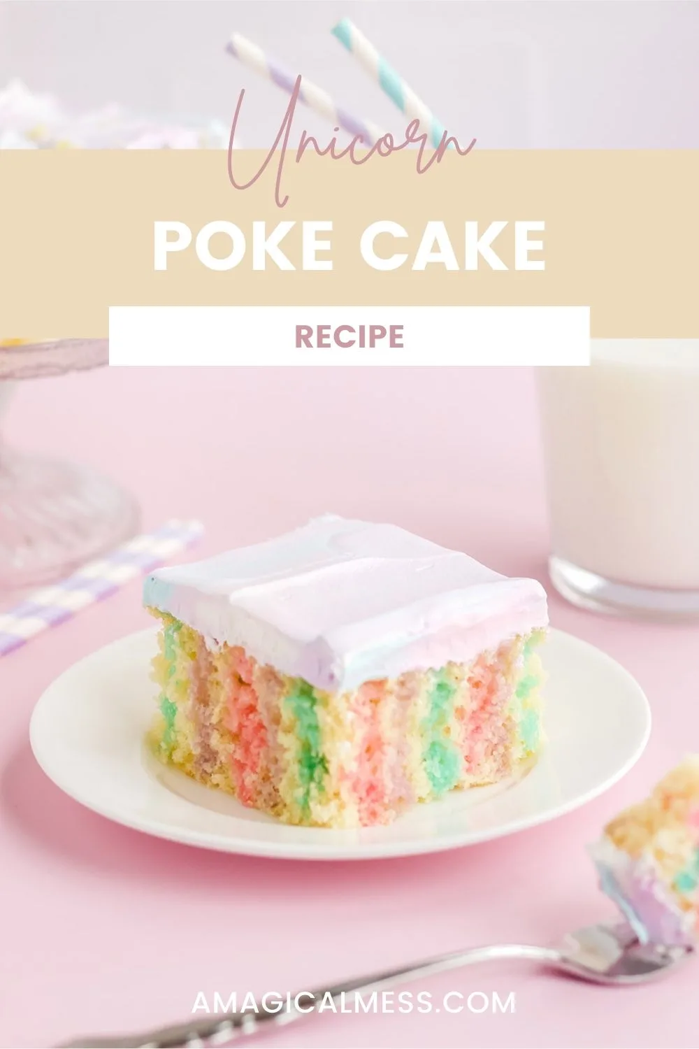 Unicorn jello poke cake on a plate with a pink background.