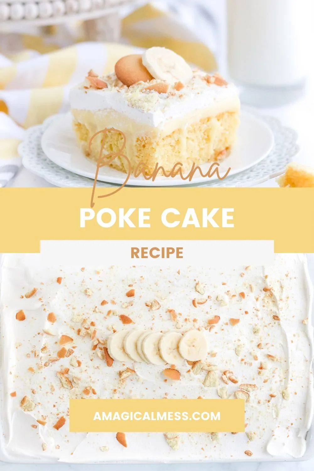 Yellow cake with white frosting topped with bananas and cookie crumbles.