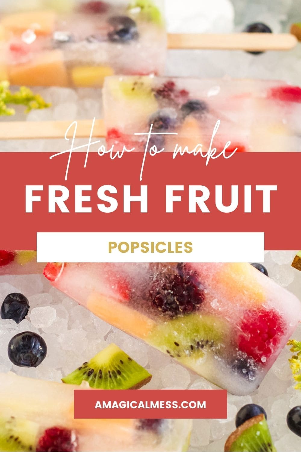 Popsicles with fruit in them in rainbow colors. 