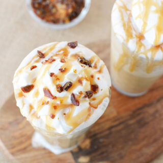 Top of caramel crunch drinks with crunch and whipped topping.