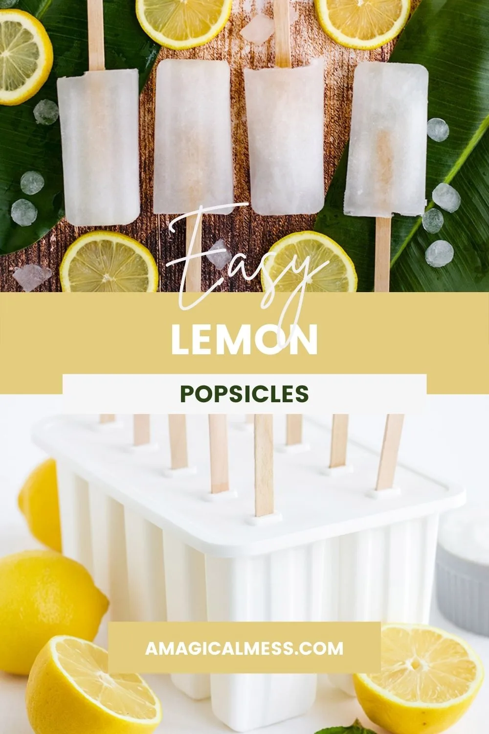 Lemon popsicles in a row and in the popsicle mold.