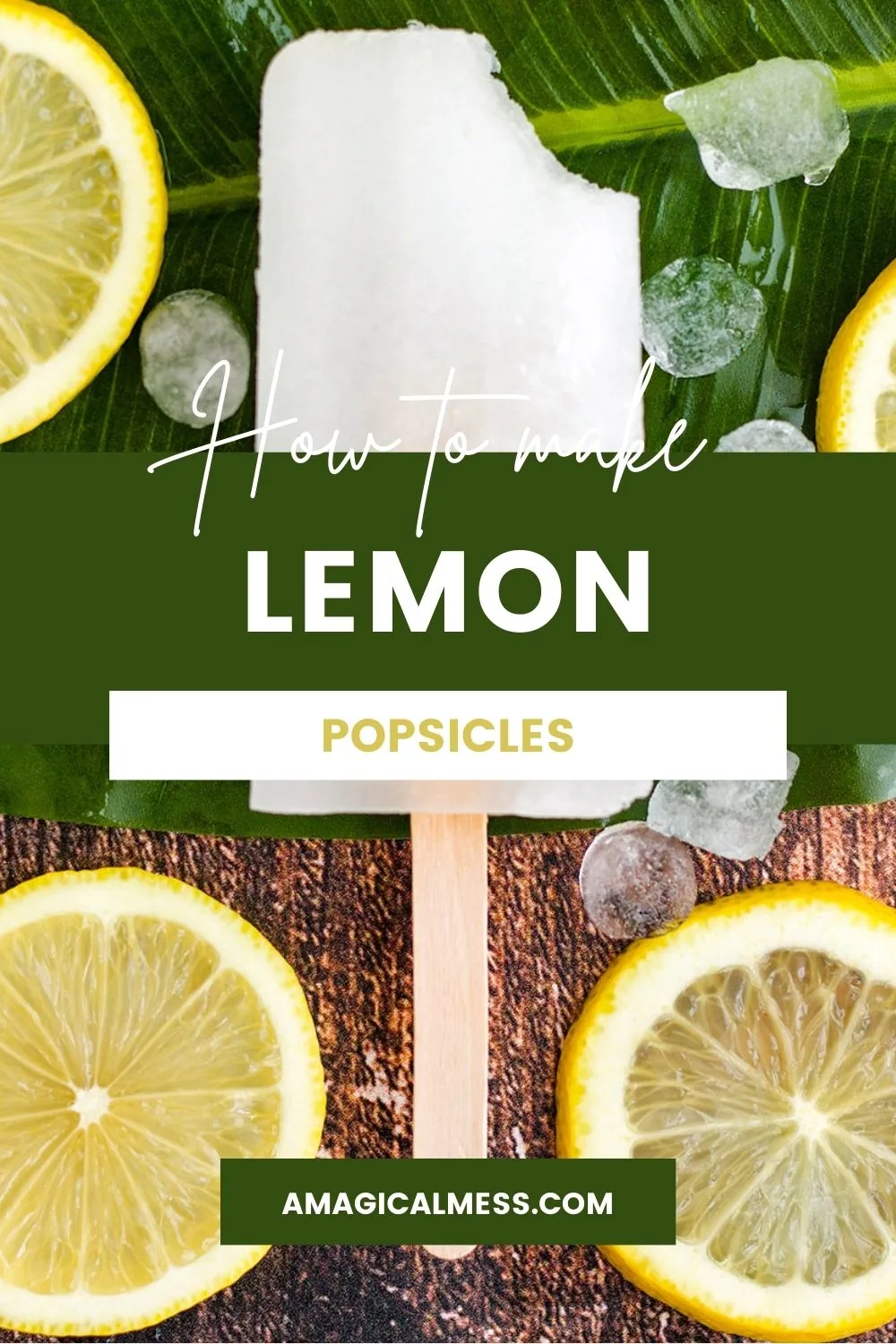 One lemon popsicle with a bite out of it next to lemon slices.