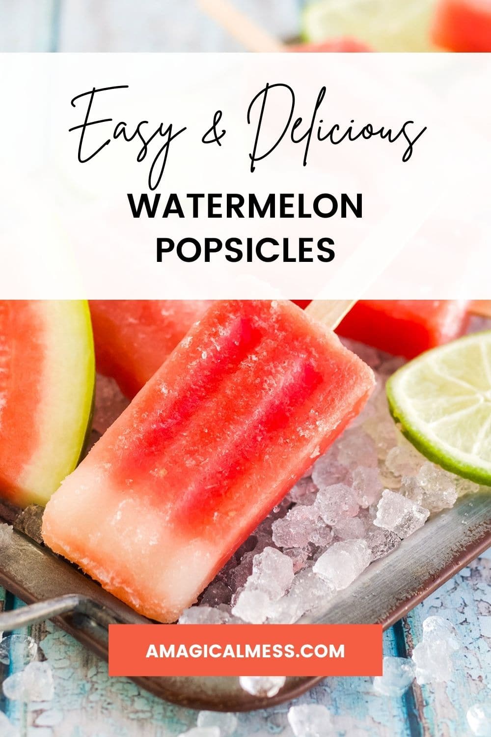 Watermelon popsicles with lime slices on a tray.