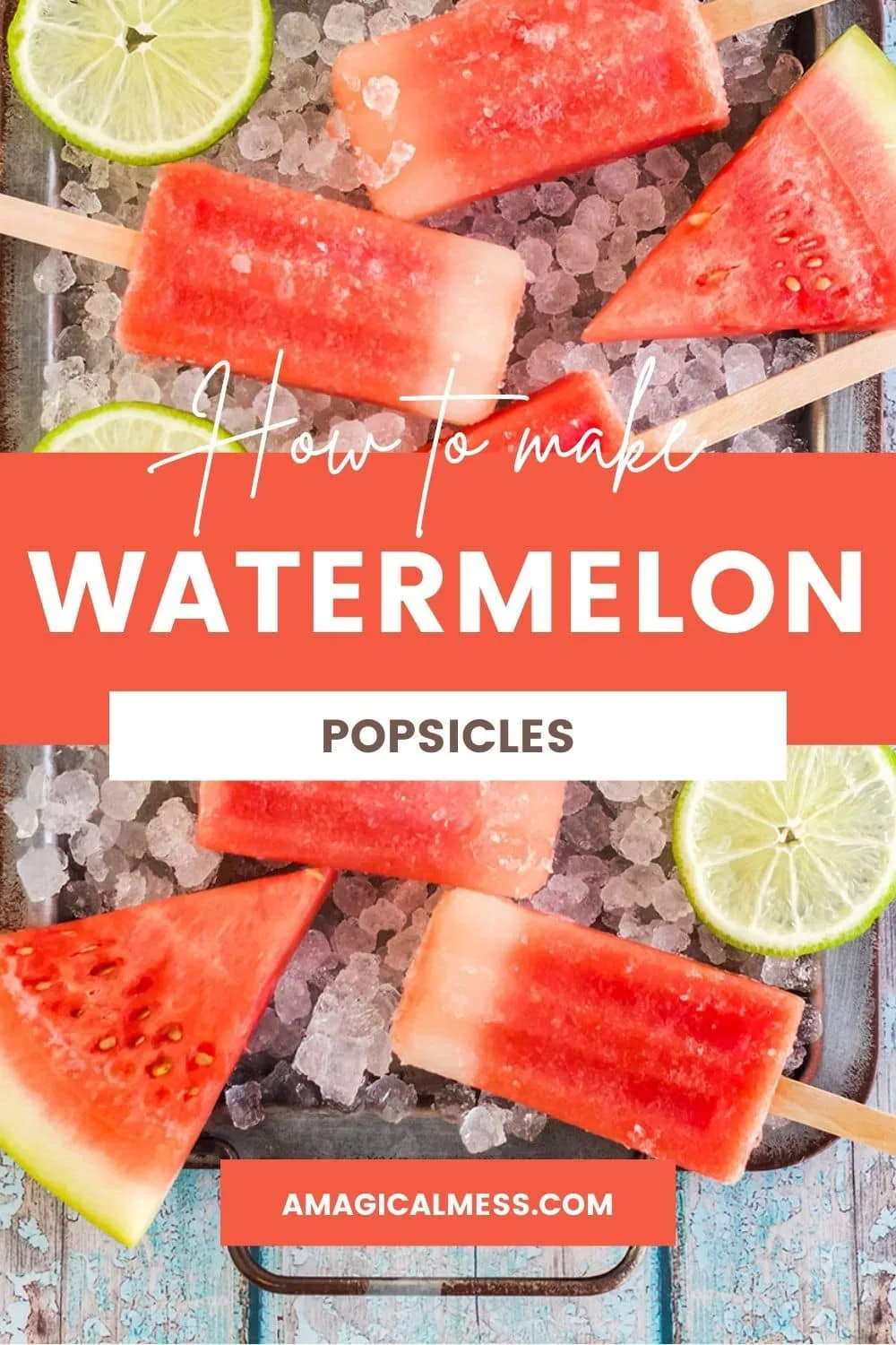 Watermelon frozen pops on a tray with ice, watermelon, and limes.