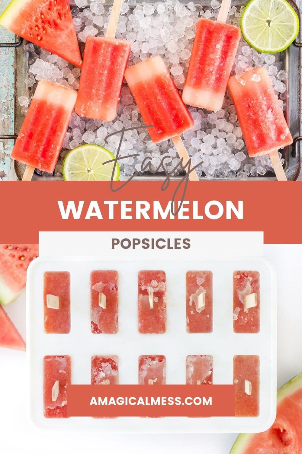 Watermelon pops on a tray with ice and in a popsicle mold.