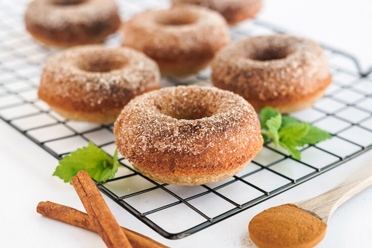 Apple cider donuts with cinnamon on a rack.