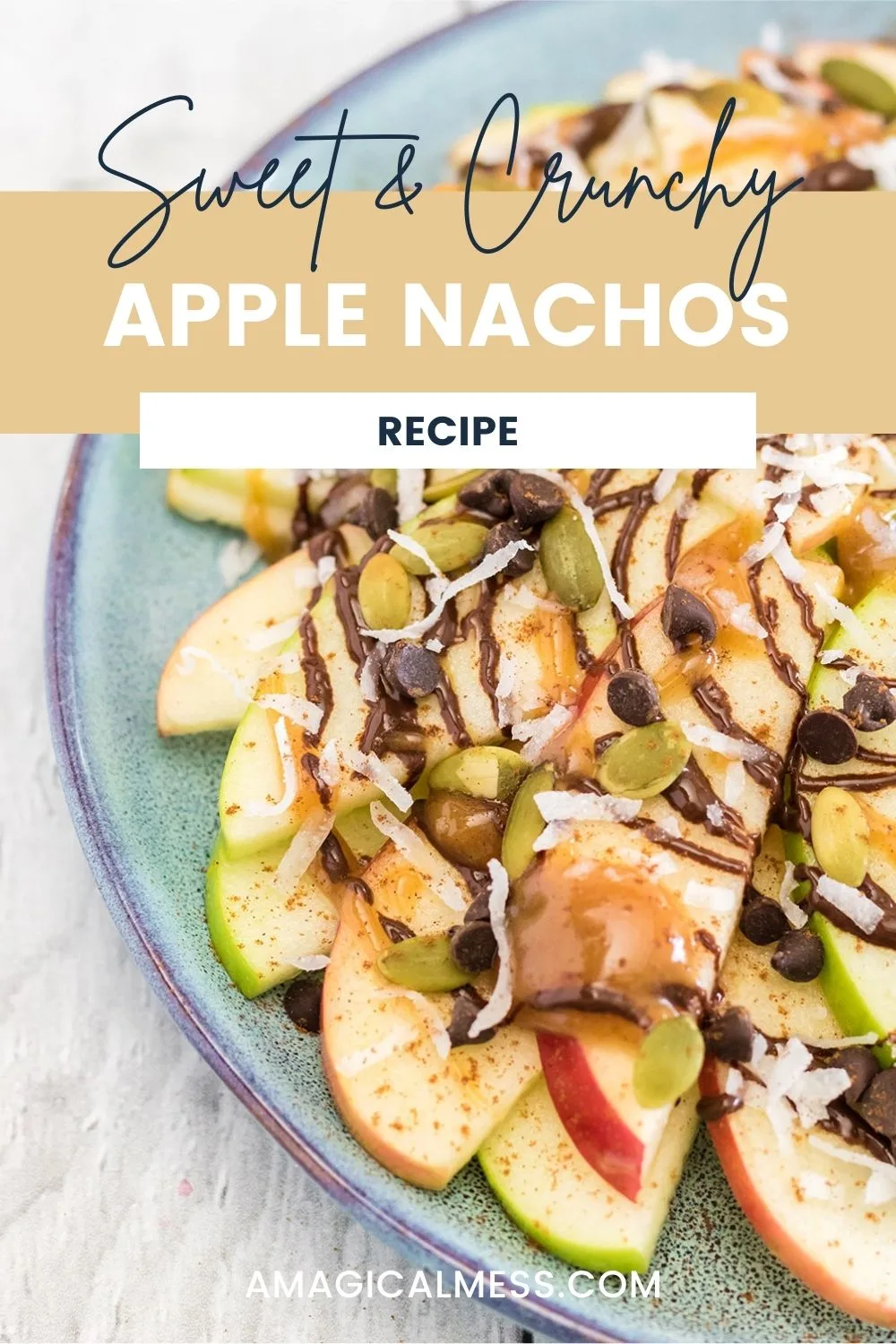 Apple nachos on a plate drizzled with caramel, chocolate, and other toppings
