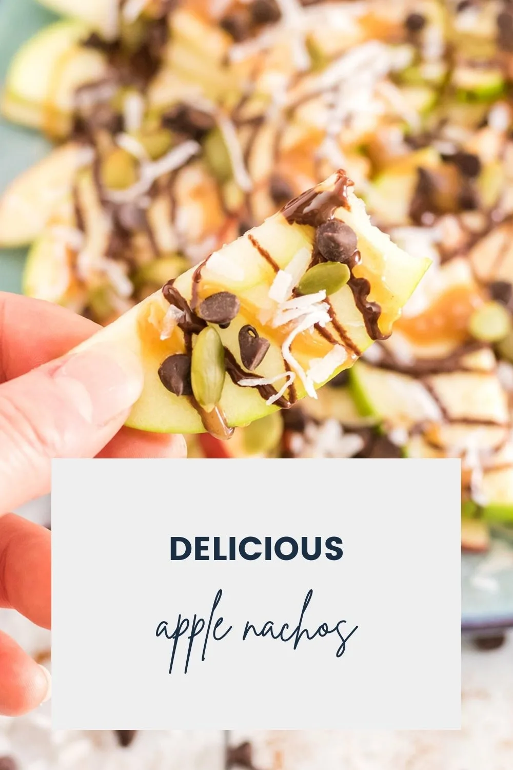 Slices of apples with drizzles of caramel and chocolate sauce and other toppings.