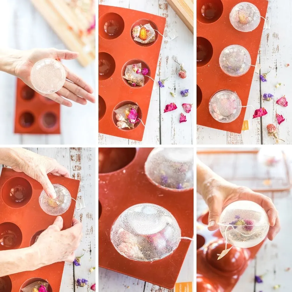 Collage of steps to make floral tea drops.
