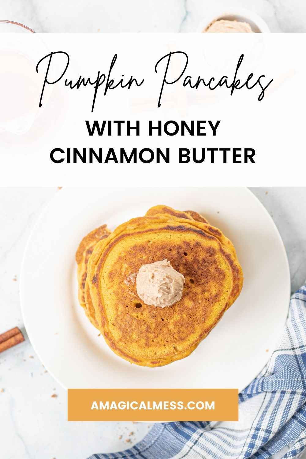 Pumpkin pancakes with honey butter on a white plate.