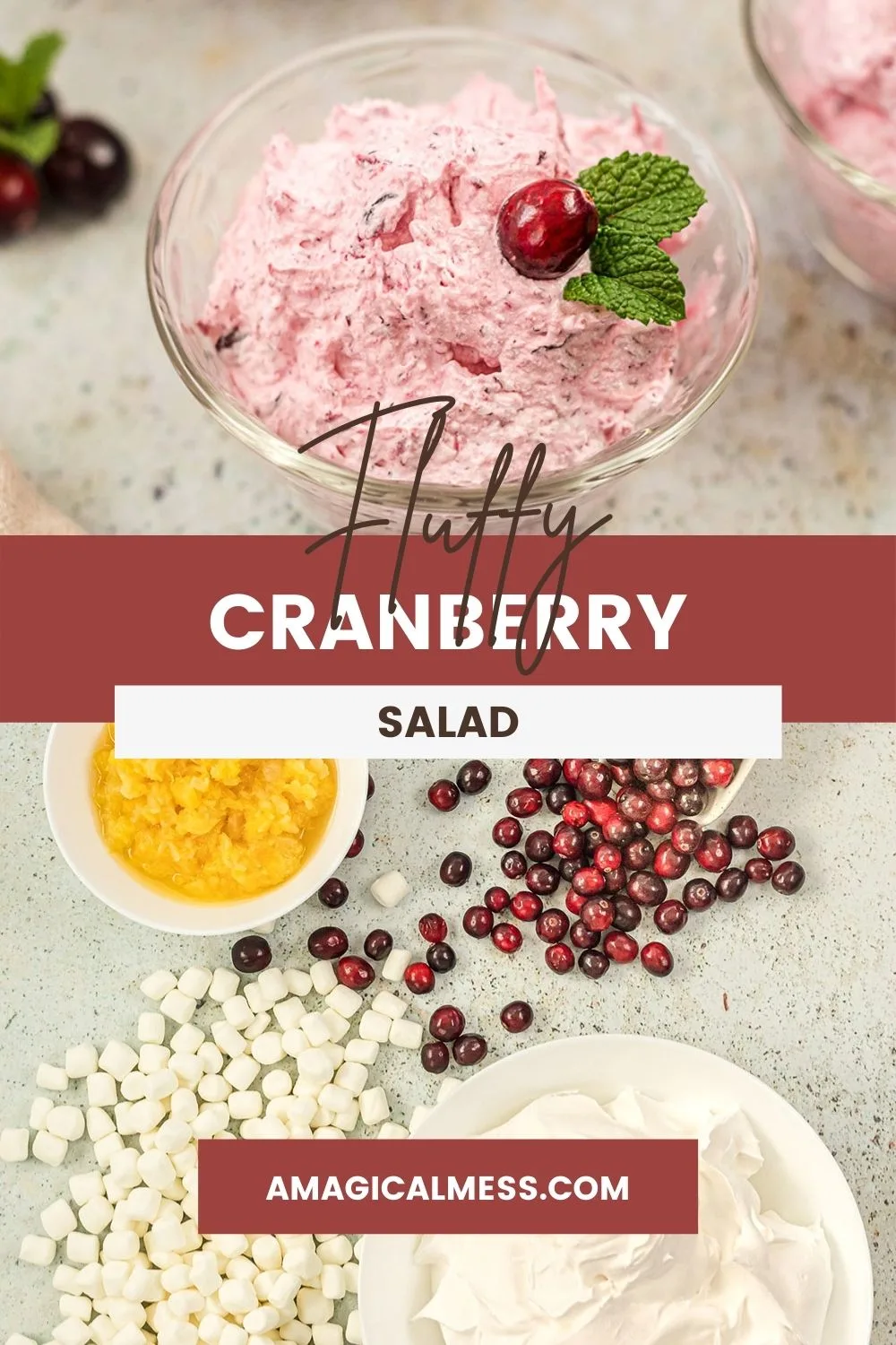 Ingredients to make cranberry salad and a bowl full of it topped with a cranberry.