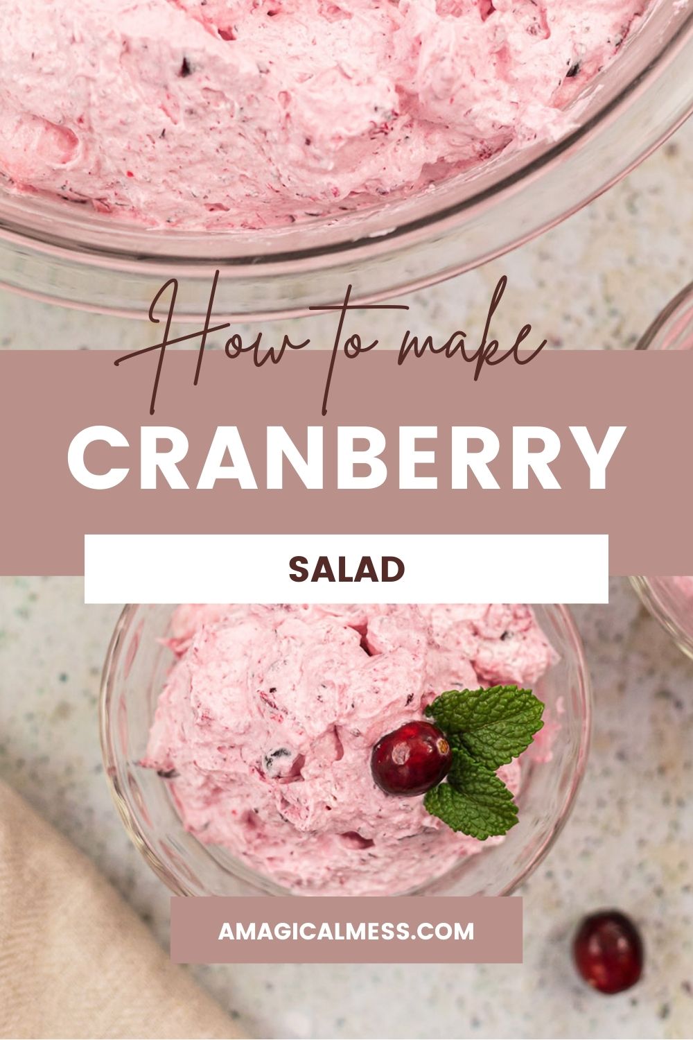 Pink fluffy cranberry salad in a dish and in a bowl.