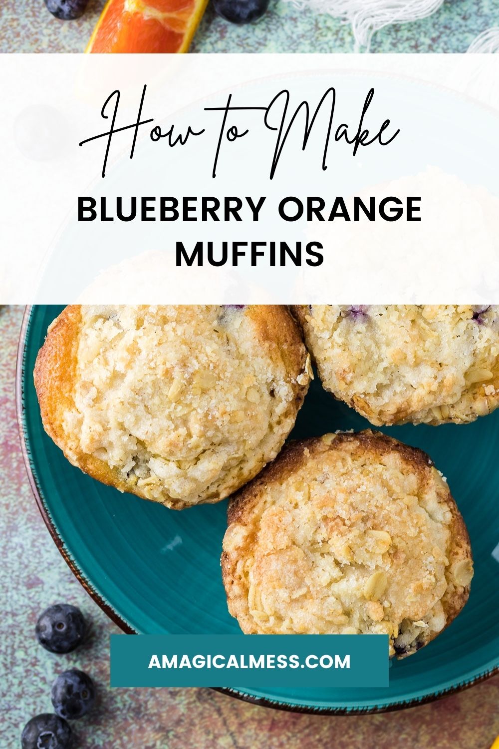 Three muffins on a blue plate.