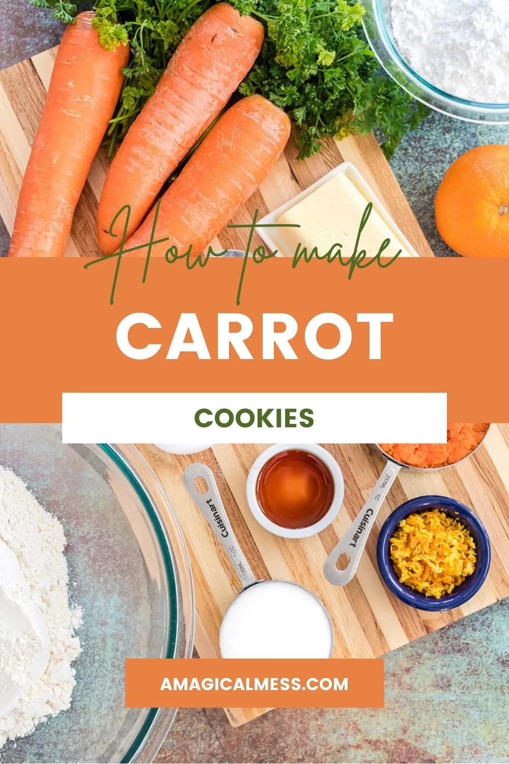 Carrots and other ingredients to make cookies on a board.