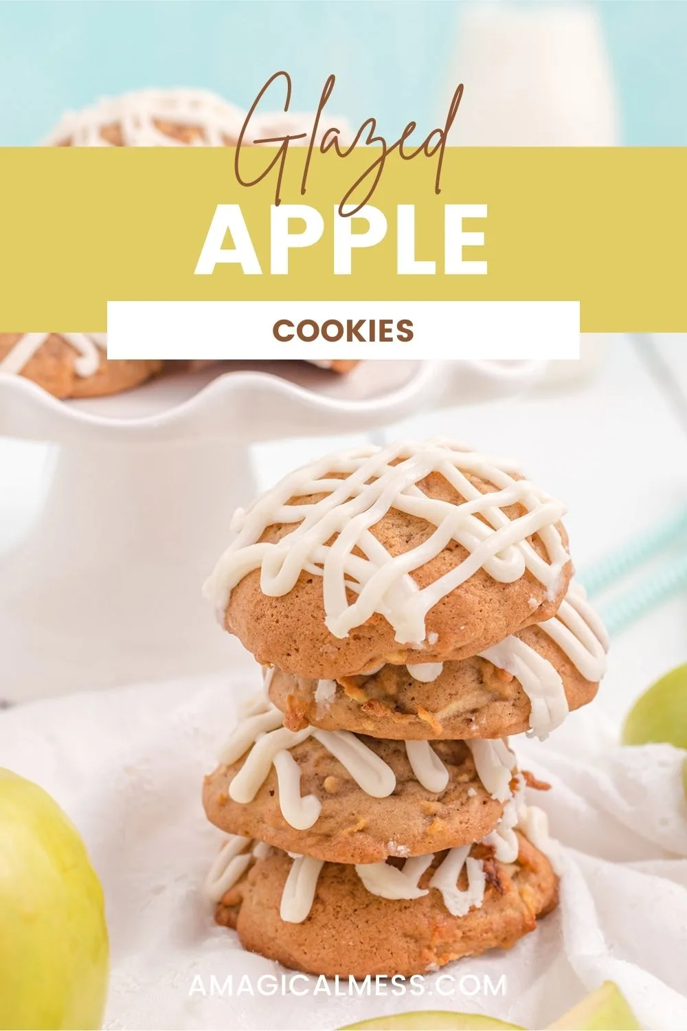 A stack of apple cookies with a glaze topping on a table with more cookies in the background.