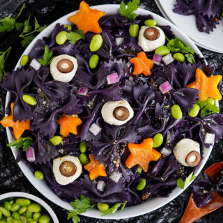 Overhead image of a Halloween pasta salad in a bowl.