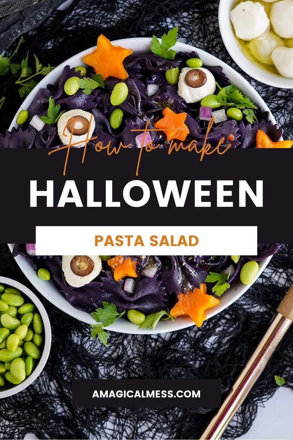 Bowl of pasta salad that looks spooky for Halloween.