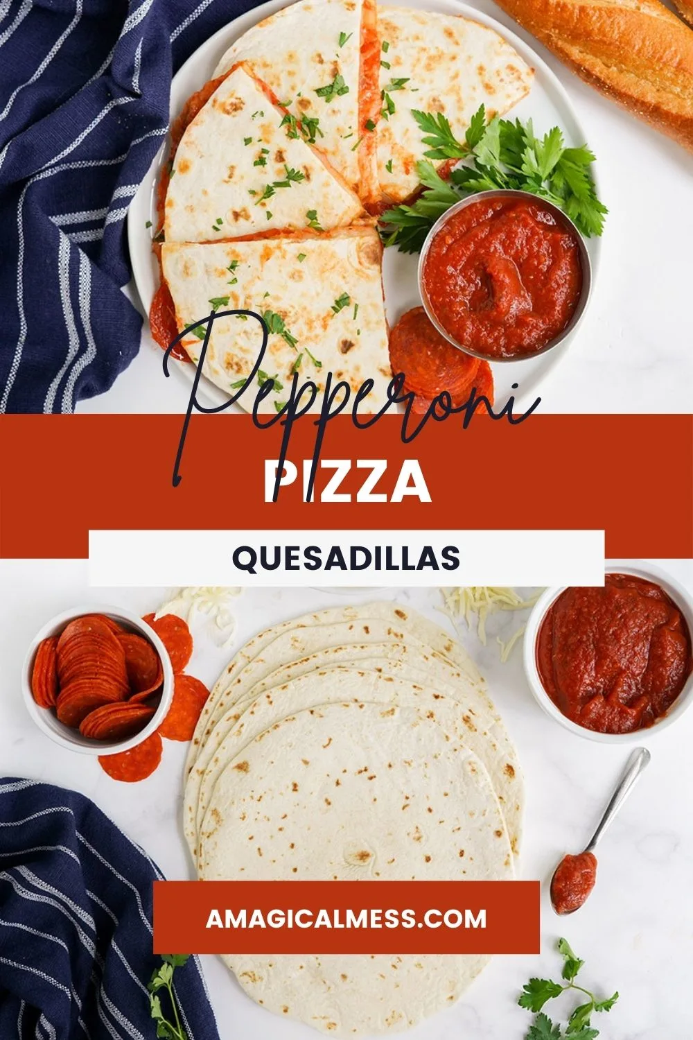 Pizza quesadillas with sauce, tortillas, pepperoni, and garnish on a table.