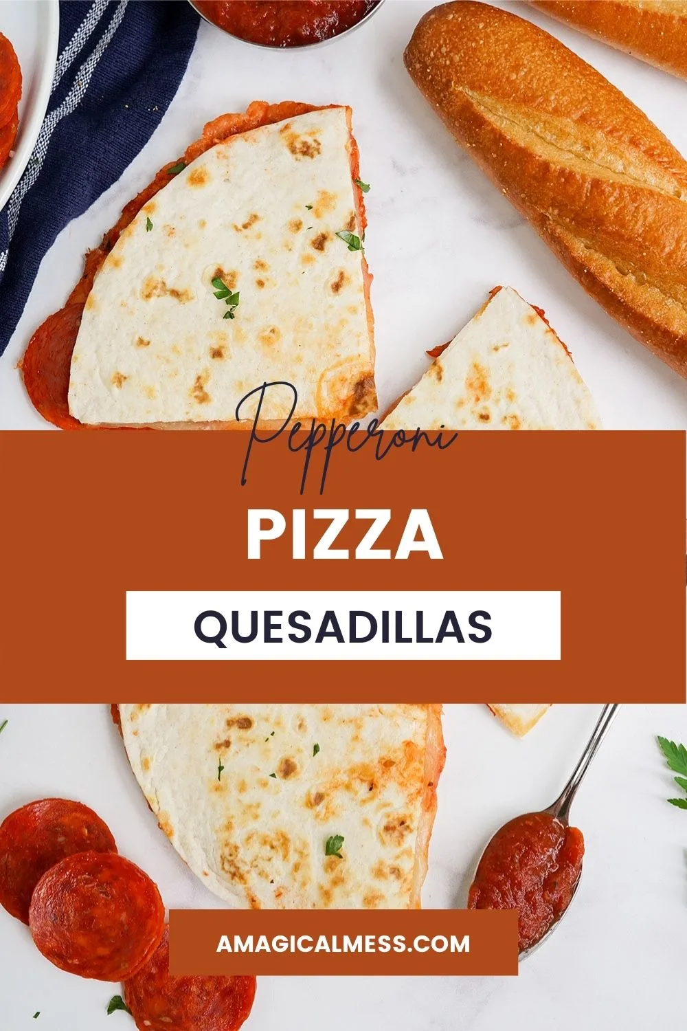 Overhead image of pizza quesadillas with bread, sauce, and pepperoni on the table.