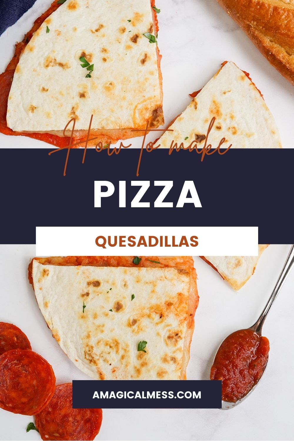 Pizza quesadillas on a table with a spoon full of sauce.