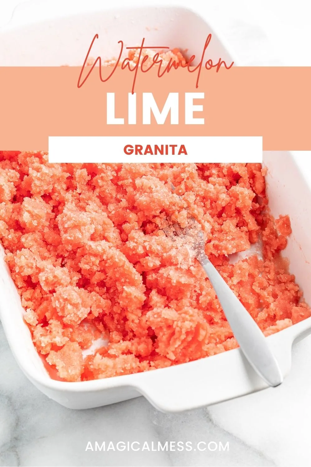 Tray of watermelon lime granita with a fork in it.