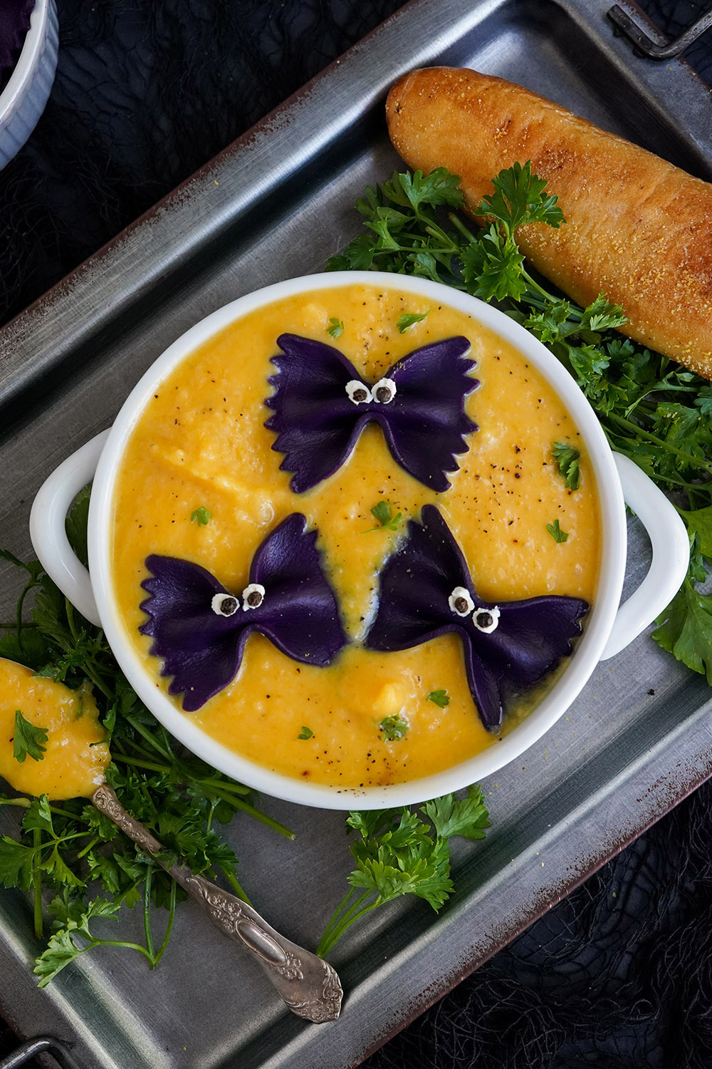 Soup with pasta bats in it for Halloween.