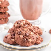 Brown cookies with chips and marshmallows next to hot cocoa.