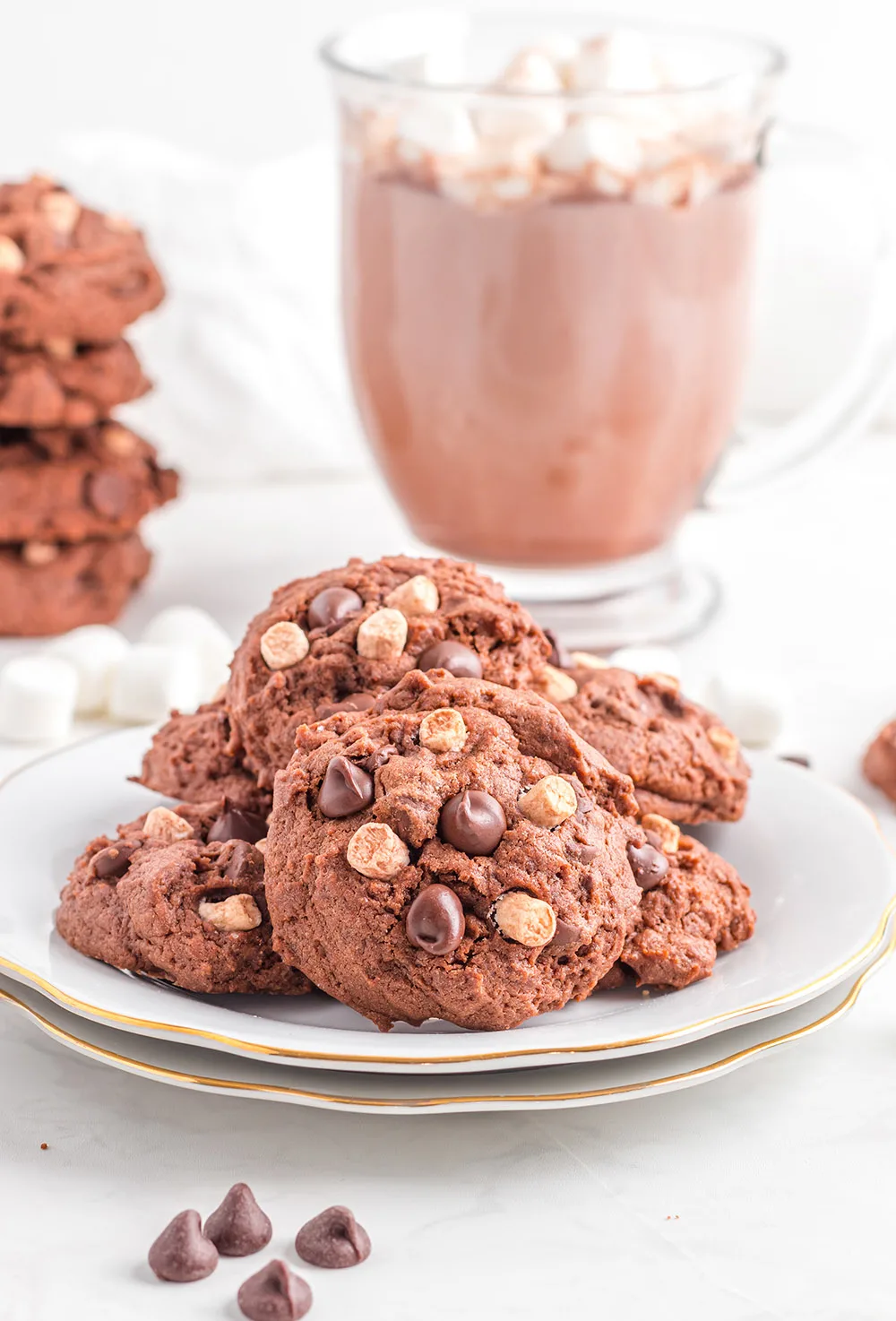 Brown cookies with chips and marshmallows next to hot cocoa. 
