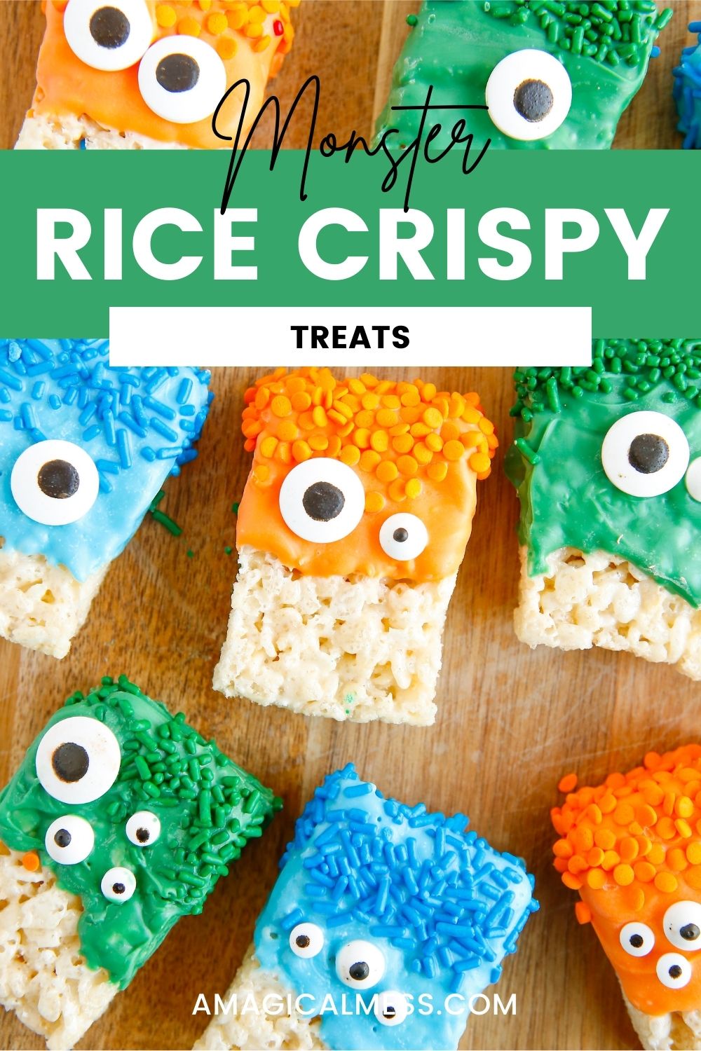 Monster rice krispie treats on a board. 