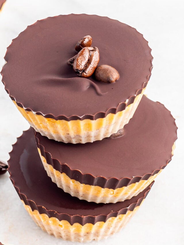 Stacked chocolate pumpkin butter candy cups.