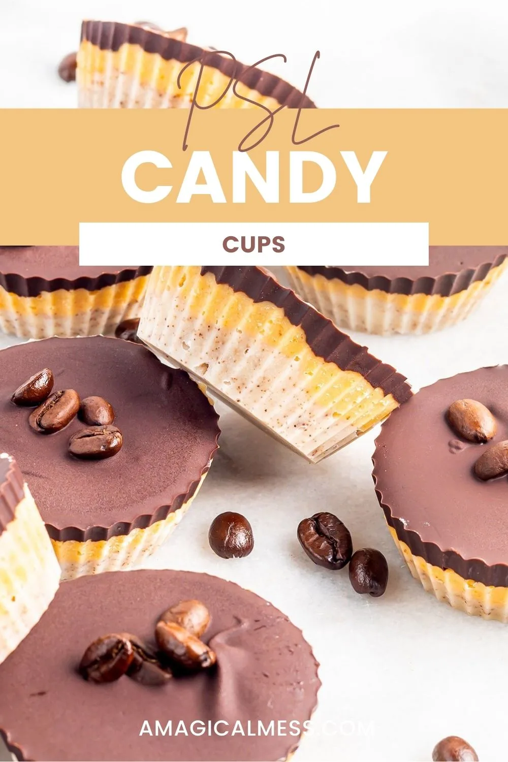 Layered candy cups on a table with espresso beans.