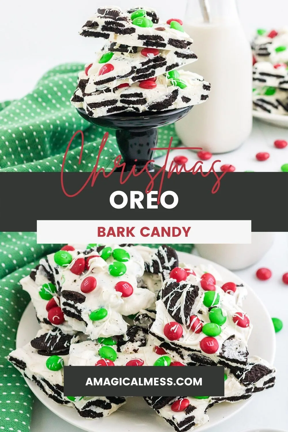 OREO bark on a stand and on a plate. White chocolate candy bark with M&Ms and Oreos in holiday colors.