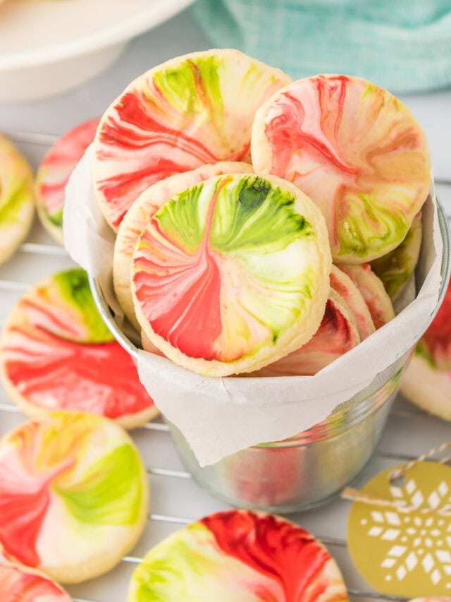 Bucket of red and green Christmas Cookies.