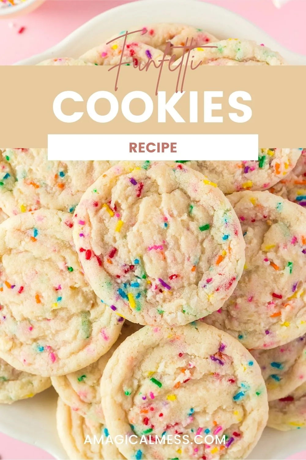 Cookies with colorful sprinkles piled onto a plate. 