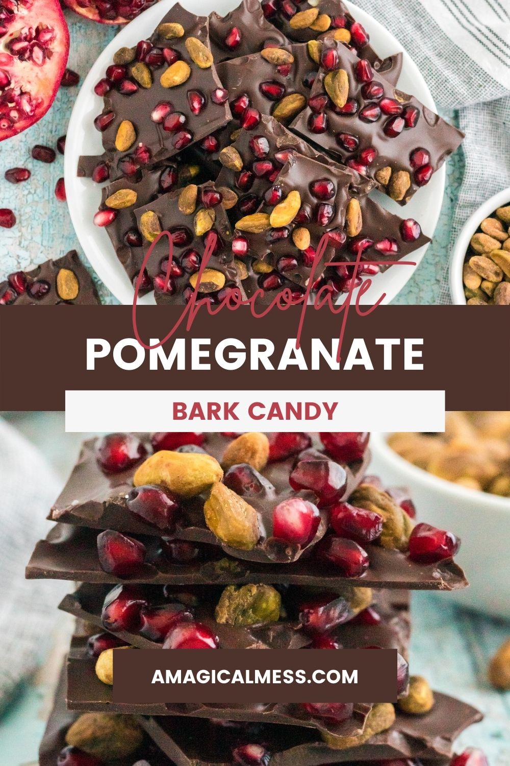 Chocolate candy with pomegranates and pistachios on a plate and stacked.
