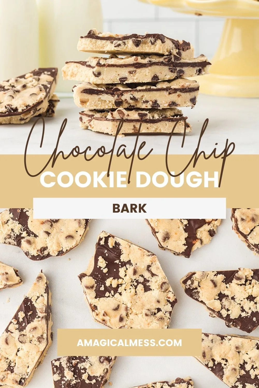 Cookie dough bark candy stacked and placed on a table for an overhead image.