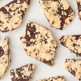Flat lay of pieces of cookie dough bark candy.