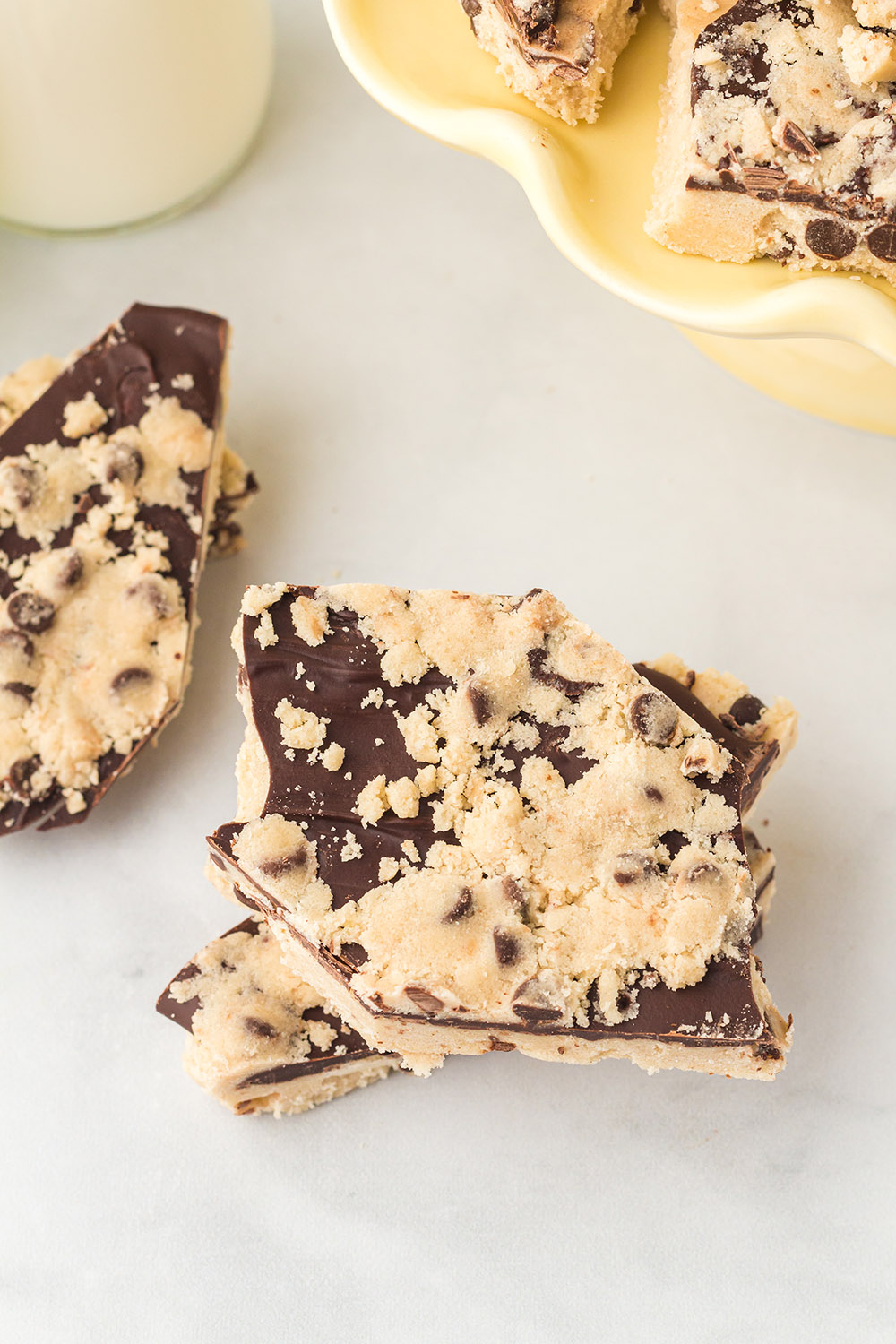 Cookie dough bark candy on a table.