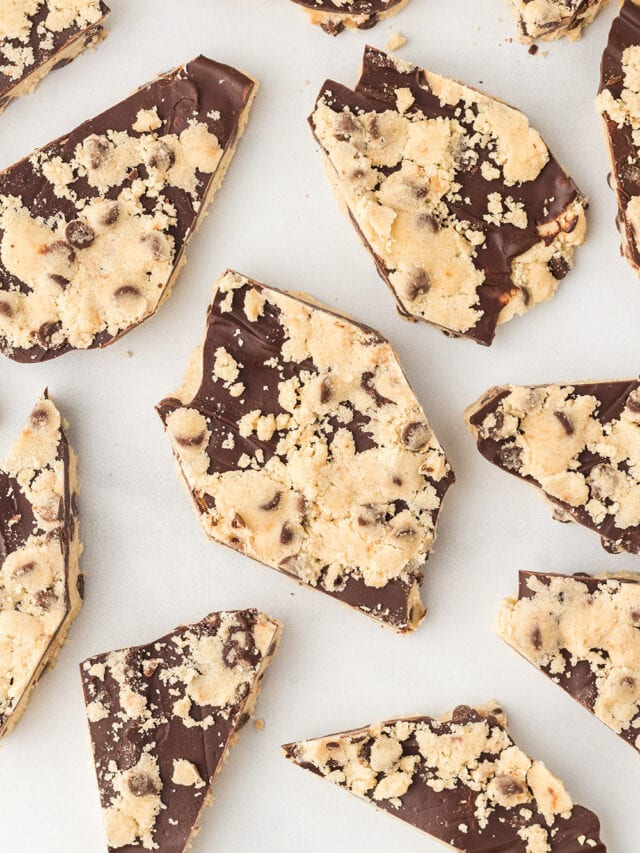 Flat lay of pieces of cookie dough bark candy.