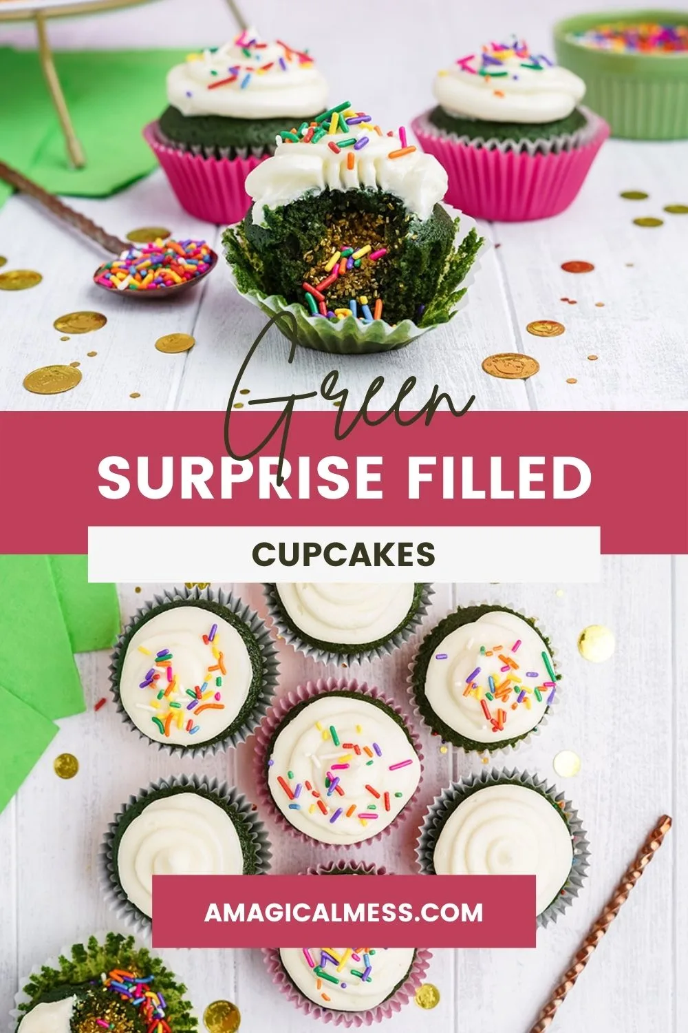 Green pot of gold cupcakes with the filling showing and overhead shot. 