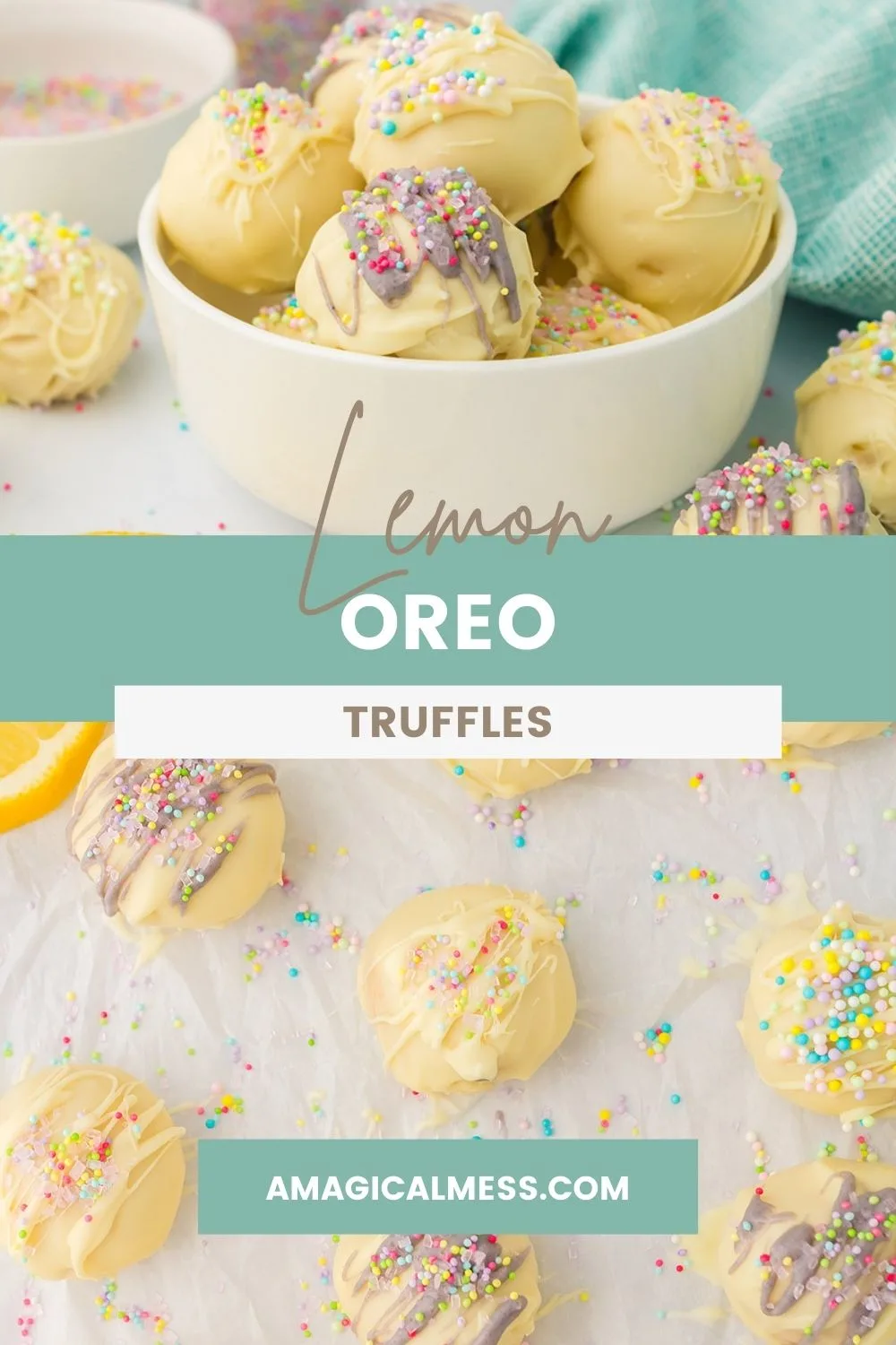 Lemon truffles in a bowl and on a sheet.