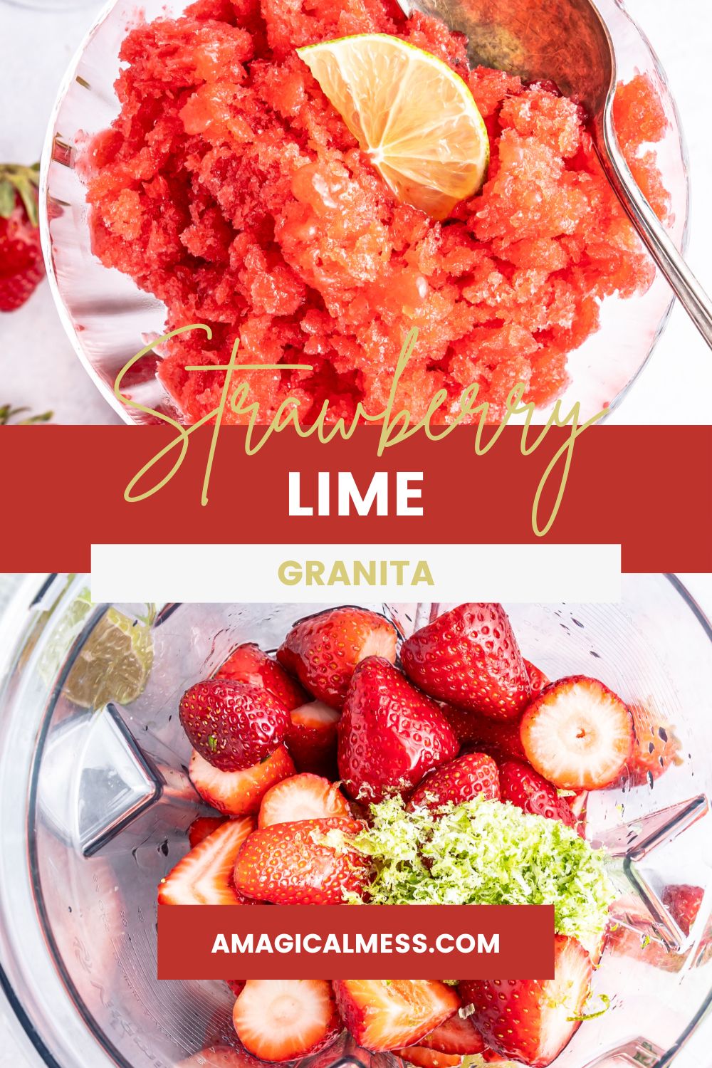 Strawberry lime granita in a dish and in a blender. 