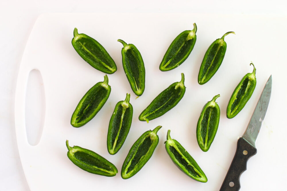 Sliced jalepeno peppers with insides removed. 