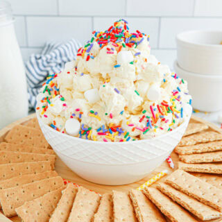 Funfetti fluff in a bowl with graham crackers around.